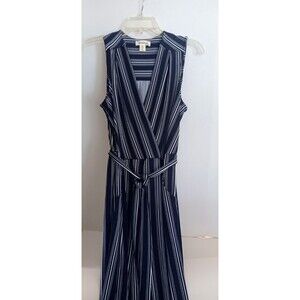 Montreau Jumpsuit Women's Sz L Navy/White Stripe Wide Leg Pockets New Old Stock